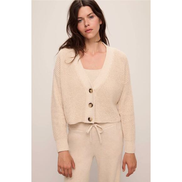 Eberjey Sweaters - Eberjey Sweater Small Recycled Cardigan Oat Chunky Waffle Knit Cropped Cute Cozy